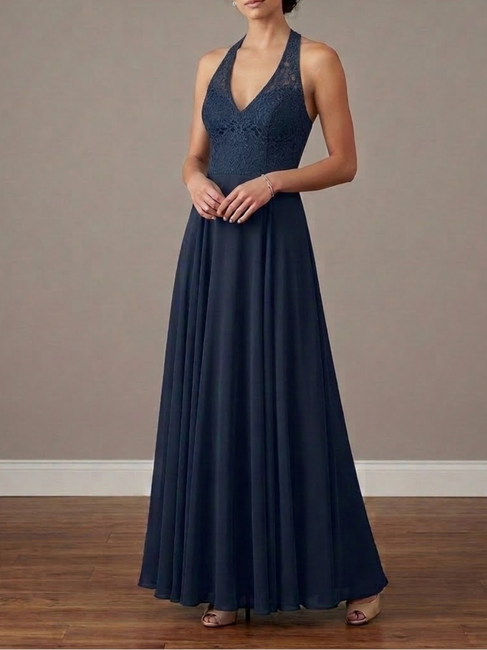 DESSY GROUP Lace Halter Chiffon Maxi Dress Navy Blue Bridesmaid Prom Size 10